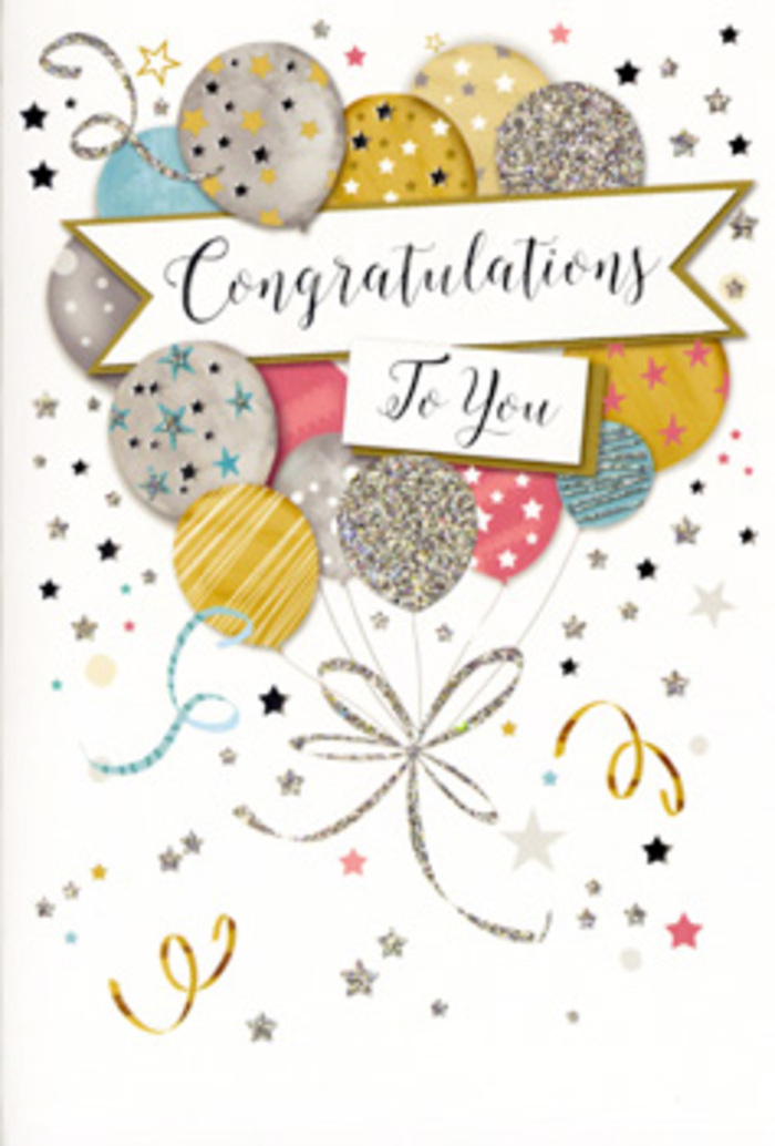 In this photograph, a beautifully crafted congratulations card stands upright, its design echoing the feeling of a well-planned celebration unfolding somewhere just off Walworth Road in Elephant and Castle. A lush, central cluster of illustrated balloons fills the main space, slightly layered so that some float forward while others recede, giving the composition a three-dimensional feel. The balloons themselves are smooth and rounded, coloured in gentle, complementary shades of metallic gold, silver, champagne, airy blue, rosy pink, and understated grey. Each one carries its own pattern-constellations of tiny stars, rows of delicately drawn stripes, and areas that look dusted with fine glitter, as though they would catch the light with every small movement. From their bases, fine ribbons in twining strands of gold and silver sweep downward, curling and looping in fluid arcs before joining in a decorative knot at the bottom, reminiscent of how we gather and ribbon-tie stems in a congratulatory bouquet in our Elephant and Castle Flowers shop. Across the midsection of the card, a ribbon-like banner floats, bearing a 'Congratulations' message in elegant, flowing script that suggests both admiration and affection. Surrounding this focal point, the soft background is sprinkled with sparkling stars, confetti dots, and swirling lines, all picked out in metallic tones that hint at the glimmer of party lights against London's evening skies. The mood is buoyant and optimistic but still refined, the kind of design you might choose to accompany flowers for exam results, a new role in the city, or any moment of success that deserves a thoughtful, stylish nod of recognition.