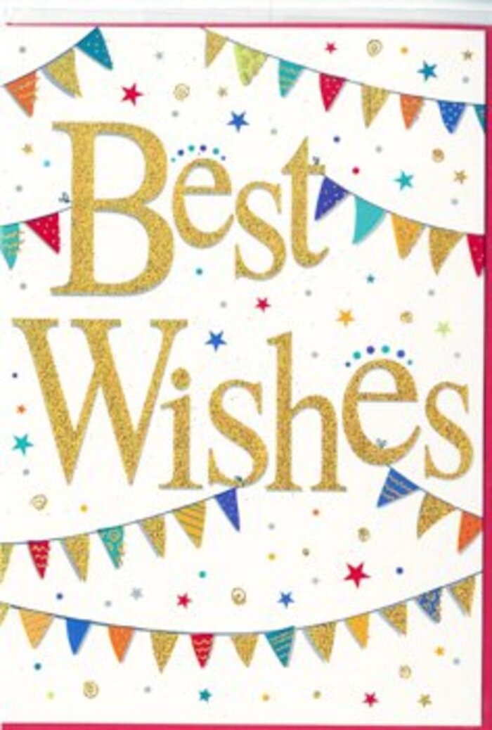 This congratulations card brings together simplicity and festive charm, evoking the upbeat, multicultural atmosphere of Elephant and Castle in a refined, contemporary way. The card's base is a clear, bright white, giving the overall design a fresh and uncluttered appearance. In the centre, the words Best Wishes stretch across in a luxurious golden script, each letter looping and curling with an easy, gracious rhythm. The gold ink appears slightly textured, perhaps glittered or foiled, so that when light falls on it, the message seems to glow softly, like evening sunlight catching glimmers of bunting at a neighbourhood gathering near Elephant Park. Arched neatly across the upper and lower sections of the card, rows of bunting create gentle, festive curves that frame the greeting. The bunting consists of tiny triangular flags, each one a miniature pop of colour-vivid blues, bright reds, warm oranges, leafy greens, and sunshine yellows-all carefully balanced. Some flags are adorned with small repeating dots, stripes, or geometric tessellations, while others are kept in simple, solid colour, giving the impression of individual, handpicked pieces. Dancing around and between these bunting strings are small star motifs and rounded confetti dots, scattered at different angles and distances to suggest motion, as though caught mid-fall after being tossed over a happy crowd. Many of these accents echo the gold of the lettering, while others match the rich palette of the flags, tying the design together. The overall mood is joyful but tasteful, ideal for sending love and encouragement to someone starting a new job, celebrating exam results, or moving into a new flat in SE1. Without any floral imagery, the card still captures that feeling of shared celebration, harmonising beautifully with a bright, hand-tied bouquet delivered locally.