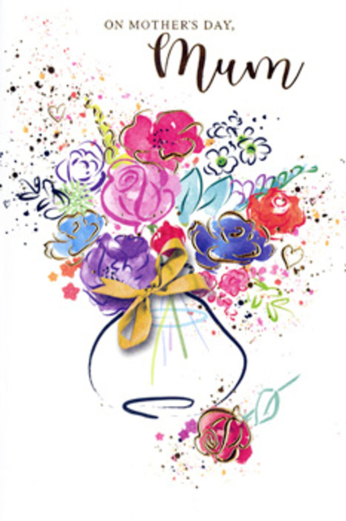 This card's Mother's Day design portrays a bouquet so lively it could have been inspired by the colourful bustle around Elephant and Castle market stalls, yet it exists entirely in sweeping watercolour. Anchoring the image is a simple vase with curved sides, painted in soft, translucent tones and cinched with a slender golden bow that brings to mind the final ribbon a florist ties before a bouquet leaves the shop. Above it, a profusion of blooms shapes itself into a loose, rounded cluster: petals in vivid cerise, magenta, and rich rose reach outward, their forms suggested more than defined, with fluid edges and occasional indigo lines adding gentle structure. Nestled among the warmer hues, cooler blue and lavender blossoms introduce soothing notes, recalling the quiet of nearby green spaces amid the energy of SE1. Fine strokes and touches of metallic gold illuminate certain petals, like sunlight glancing off flower heads in a window display along Walworth Road. Around the central bouquet, a halo of colour splashes, speckles, and tiny hearts floats against the white background, giving the sense of petals tossed in joyful celebration or paint flicked in a moment of creative delight. The composition feels both airy and full, balanced between spontaneity and care, just as a hand-tied arrangement must be. It captures the emotional essence of Mother's Day in Elephant and Castle: the wish to offer something beautiful, sincere, and memorable, whether it arrives with a fresh delivery of flowers or as a treasured card kept on a bedside table long after the day has passed.