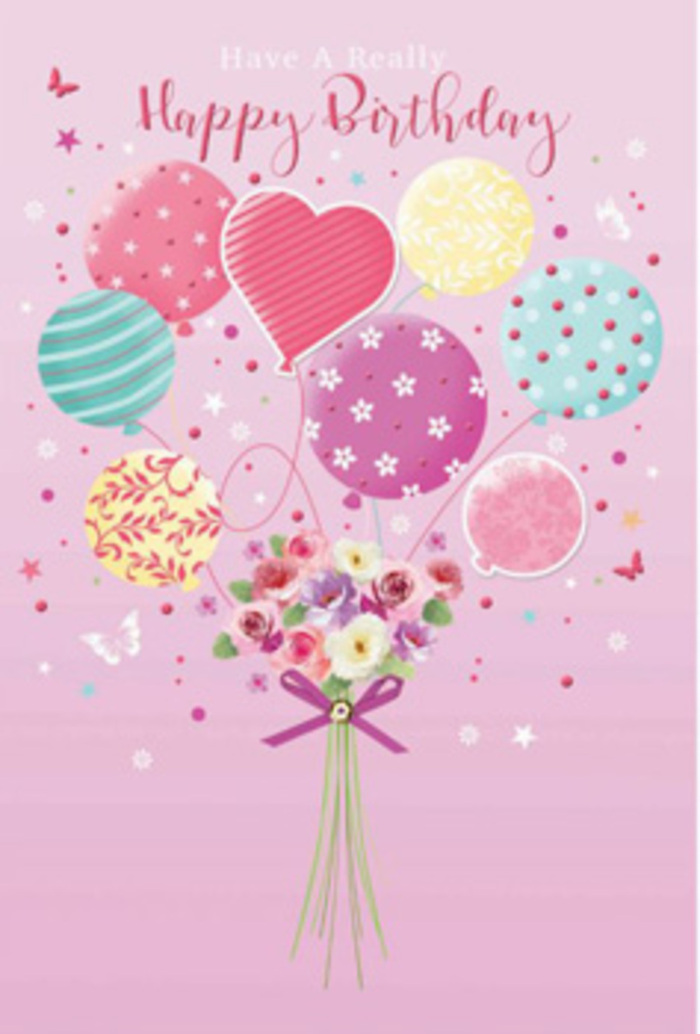 Whimsical birthday card image where airy balloons and a dainty bouquet combine to create a sense of floating celebration, as if drifting above Elephant and Castle's busy streets. The backdrop is a delicate, blush-pink wash, even and soothing, like soft light filtering through curtains in a flat overlooking Elephant Road. From the central lower portion of the card, a tight cluster of balloons springs upward, their strings gathered neatly as if tied by an experienced florist. Each balloon has been given its own decorative flair: some carry fine, curling stripes of colour, others are sprinkled with polka dots that seem to dance, while a few display small floral sprays or swirling ribbons. Among them, a single heart-shaped balloon stands out, radiating gentle affection. The colours-pale pink, fuchsia, mint green, seafoam, lemon yellow, lilac, and dusty teal-are pastel yet vivid enough to feel festive, with a soft sheen that suggests reflected daylight from Elephant and Castle's glass-fronted buildings. Where the balloon strings come together, they appear rooted in a hand-tied bouquet of fresh flowers. The small blossoms look like roses and anemone-style blooms in ivory, blush, and muted mauve, tightly clustered so that their velvety petals overlap. They evoke the careful attention of a local florist selecting the most perfect heads for a birthday order in SE1. Tying the stems is a purple satin bow, its surface catching imaginary highlights, with the ribbon ends trailing softly. Tiny stars and butterfly shapes hover around the arrangement, giving the impression of movement and celebration. The overall mood suggests a birthday greeting that is both playful and refined, perfectly suited to sending love and good wishes around Elephant and Castle.