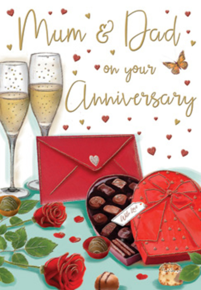 Luxurious, story-like anniversary card illustration presenting a carefully arranged scene that feels at home in Elephant and Castle's mix of cosy apartments and family houses. Dominating the centre of the artwork, two tall champagne glasses stand close together, their slim stems and rounded bowls drawn with clarity, filled with a pale golden liquid that dances with tiny bubbles, capturing that expectant pause before a heartfelt toast. Just alongside them, a generous heart-shaped chocolate box in a rich shade of red serves as a focal point; its lid tipped open reveals a tidy selection of decadent chocolates, from smooth milk pieces to darker, almost ebony truffles. A sweeping red satin bow wraps the box, its sheen suggesting a soft, touchable texture, like the finished ribbon on an anniversary bouquet. In the foreground, two sumptuous red roses lie gently on the tabletop, their petals full, velvety, and slightly curled at the edges, framed by contrasting deep green leaves reminiscent of the premium stems arranged daily by local florists. A striking scarlet envelope, sealed and set at a slight angle, hints at a lovingly written card addressed to 'Mum & Dad', perhaps composed overlooking views of the Shard or the bustling streets below. Scattered across the warm, softly lit background, golden and crimson hearts float in various sizes, adding both whimsy and depth, like confetti suspended mid-air. The overall effect of the image is warm, romantic, and quietly joyful, evoking the sense of an intimate anniversary celebration where roses, champagne, and shared chocolates honour years of partnership and the steady, enduring love at the heart of a family.