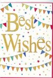 This Best Wishes card radiates the same spirited happiness you might feel walking through Elephant and Castle on a day of celebration. The design is set against a crisp white background, lending it a clean, open feel that lets the decorative elements breathe. At the centre, the words Best Wishes are written in a generous golden script, the letters smoothly connected as though painted with a calligrapher's brush. The gold appears metallic or gently glittered, giving a tactile, slightly raised impression that would lightly catch your fingers and reflect light like party streamers under the glow of nearby streetlights along Walworth Road. Curving around this message, near the top and bottom of the card, are lines of bunting that form soft arcs, echoing decorations strung across a courtyard for a community event. Tiny triangular flags hang in neat rows, each one a jewel of colour-bold blues, fiery reds, fresh greens, sunny yellows, and lively oranges. Some flags are patterned with miniature dots, stripes, or softly repeating motifs, while others stay in solid, saturated colour, together creating a playful but balanced look. Scattered throughout the remaining white space, star shapes and confetti-like dots are sprinkled in both gold and matching bright colours, placed just irregularly enough to feel as if they have drifted down after a burst of laughter and applause. The overall mood is light, inclusive, and full of good feeling, ideal for marking milestones like graduations, promotions, or new adventures in SE1. Paired with a bouquet from Elephant and Castle Flowers, this card would feel like a warm, thoughtful embrace accompanying your congratulations from a short distance away.
