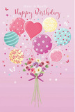 Pastel birthday card illustration where a light bouquet of balloons appears to lift a delicate posy of flowers into the air, echoing the lively yet tender spirit of Elephant and Castle. The background is a smooth, soft pink, calm like the quieter corners of nearby Elephant Park in the early evening. A small cluster of balloons rises from the centre, their strings gathered firmly together. Each balloon is individually decorated: some wear spiralling stripes in candy colours, others are dotted with cheerful spots or adorned with tiny floral sprigs, and one heart-shaped balloon sits prominently among them, suggesting warm affection. The colour palette flows from blush pink and dusty rose to mint and sea green, pale yellow, lavender, and teal, all with a gentle shine as if washed in natural light from the streets around the shopping centre. At the point where the balloon strings meet, a compact hand-tied bouquet creates the visual anchor. The flowers, resembling petite roses and soft daisy-like blooms, are painted in creamy ivory, soft blush, and gentle mauve tones, their petals slightly layered and velvety, as if freshly cut for a same-day birthday delivery across SE1. A violet satin bow secures the stems, its loops and tails smoothly curled, adding a polished, celebratory finish. Scattered stars and small butterflies drift around the balloons and flowers, giving the sense that the entire bouquet is part of a magical birthday moment drifting above the bustle of Elephant and Castle, carrying sweet wishes and the imagined scent of fresh petals to someone special.