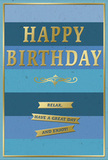 This birthday card blends modern simplicity with gentle warmth, mirroring the mix of bustle and calm you find around Elephant and Castle side streets. Its background is built from wide, horizontal stripes of varying blue tones-deep navy, rich denim, soft teal, and light sky blue-that flow one into another in a smooth, calming gradient. The matte finish of the card stock gives these colours a soft, velvety appearance, as though the stripes have been softly brushed onto the page. Centered on this tranquil backdrop, the message HAPPY BIRTHDAY appears in tall, embossed gold lettering. The metallic gold has a refined shine, catching light in a way that suggests movement, much like reflections in a window overlooking the busy junction. Beneath the central greeting, an ornate golden flourish stretches across the card, with delicate curls and loops that introduce a classic, almost romantic touch. Below the flourish, three tidy gold banners are aligned one over the other, each with crisp edges and a slightly raised profile. They carry the friendly reminder: Relax, have a great day and enjoy!, the words carefully spaced, inviting the reader to slow down and savour them. A fine gold line runs around the entire edge of the card, framing the blues and metallic accents and giving the design a sense of completion, like a treasured print in a discrete frame. The overall feeling is one of poised, peaceful joy-exactly the kind of card you might tuck alongside a hand-tied bouquet delivered locally in Elephant and Castle, sending not just birthday wishes but also permission to unwind and enjoy a rare, unhurried moment.