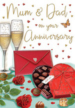 Heart-warming anniversary card artwork depicting an intimate still life of celebration, imagined as if taking place in a family home near Elephant and Castle. On a softly glowing tabletop, two tall champagne flutes stand side by side, their clear glass subtly reflecting light, each one filled with a golden, effervescent drink. Fine streams of bubbles rise gracefully, frozen in mid-motion to suggest a moment just before glasses meet in a gentle toast to enduring love. Next to them, a heart-shaped chocolate box commands attention with its deep red colour and showy satin bow, the ribbon tied in a full, generous knot that arches over the lid. The lid is propped open to reveal a tempting selection of chocolates arranged in neat rows, with a couple of truffles resting outside the box to imply that the couple has already started sharing the sweet treats. In front, two lush red roses lie across the table, petals thick and velvety, with fresh green foliage adding a natural frame, like stems freshly conditioned in a local florist's studio. Off to one side, a bright scarlet envelope, sealed and slightly turned, suggests a handwritten anniversary message for 'Mum & Dad', its presence adding an extra layer of tenderness. Scattered across the background, small red and gold hearts drift weightlessly, casting a romantic, playful mood that feels both joyful and sincere. The composition conjures the scent of roses, the taste of chocolate, and the quiet glow of evening light, capturing the essence of an anniversary celebrated at home amidst the familiar rhythms of city life in Elephant and Castle.